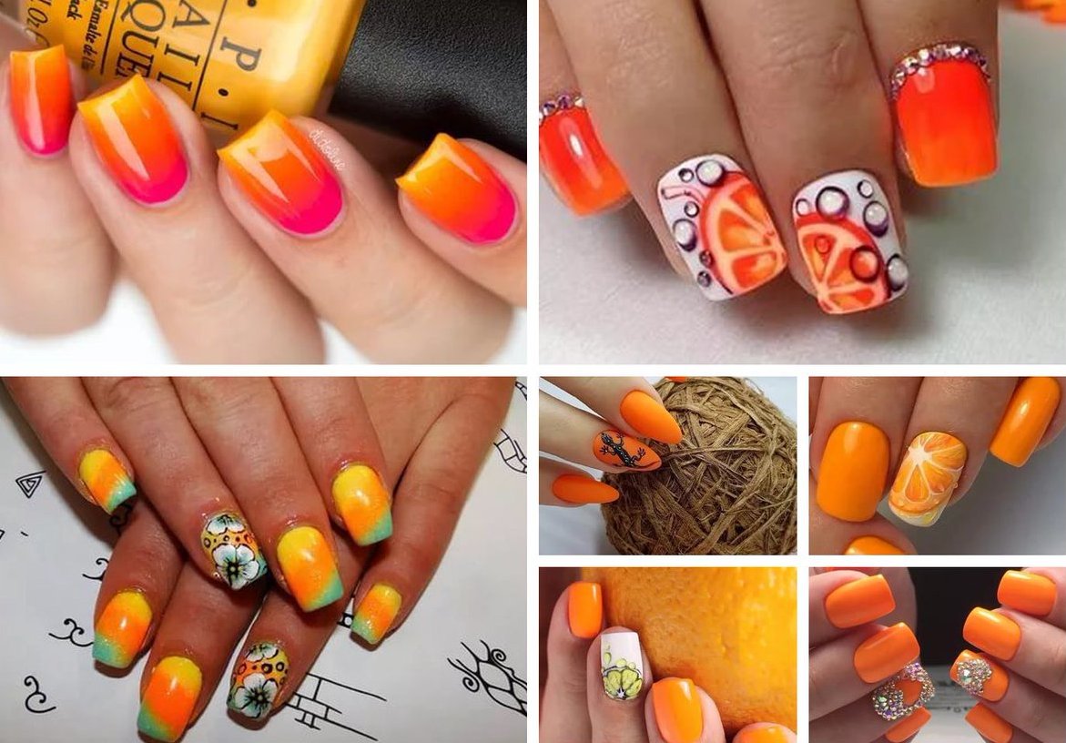 Оранжевый маникюр, оранжевые ногти, оранжевого цвета с фото, модный дизайн короткие, гель-лак 