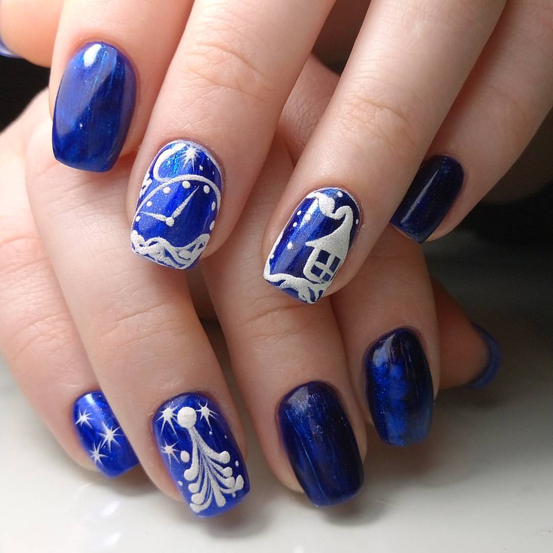 Зимний синий маникюр - синие ногти зимы