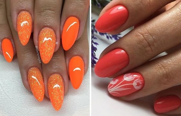 Оранжевые ногти, дизайн оранжевого маникюра, модные идеи, самый оранжевый цвет ногтей 2020