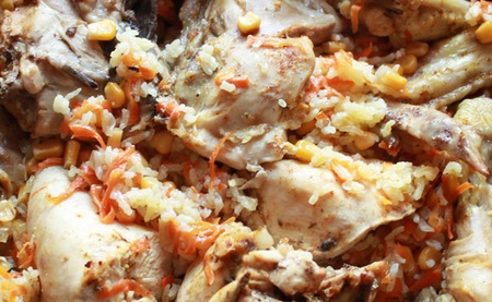 Овощи в духовке - запеченные с мясом курицы, рисом (гречкой)